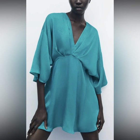 Zara Jumpsuit Turquoise Kimono Dress Jumpsuit Satin Effect Romper Size XS NWT - Picture 5 of 10